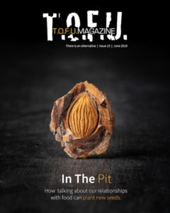 Image contains a dark background with a peach pt in the middle. The pit has been cut open to show the light brown seed. Above the pit, there is text that says "T.O.F.U." in white, and within that text there is more text that says "T.O.F.U. Magazine". Just below the white T.O.F.U., there is text that says "There is an alternative | Issue 13 | June 2018". Below the pit, there is more text that says "In the pit. How talking about our relationships with food can plant new seeds."